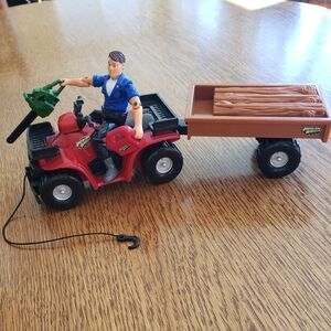 Red Kids ATV Playset with Brown Trailer and Blue-Painted Action Figure - 6 Piece
